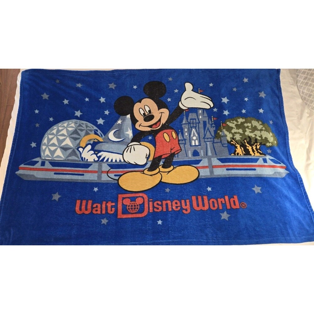 Vintage Walt Disney World Fleece Blanket Mickey Mouse Epcot Animal Kingdom Blue